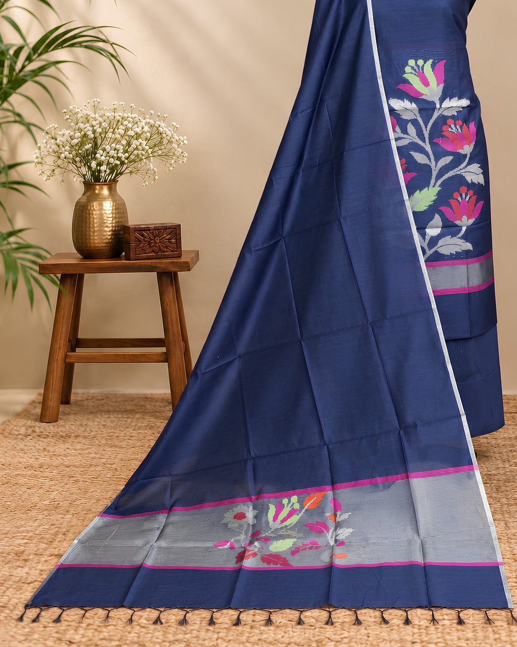 Navy blue Chanderi Jamdani Chudi set made from luxurious material, showcasing intricate fabric details and traditional craftsmanship.