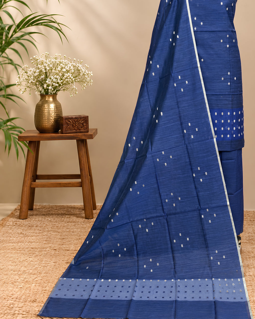 Navy blue raw silk organza butti fabric by S Fabs, showing delicate, lightweight silk material with intricate butti detailing.