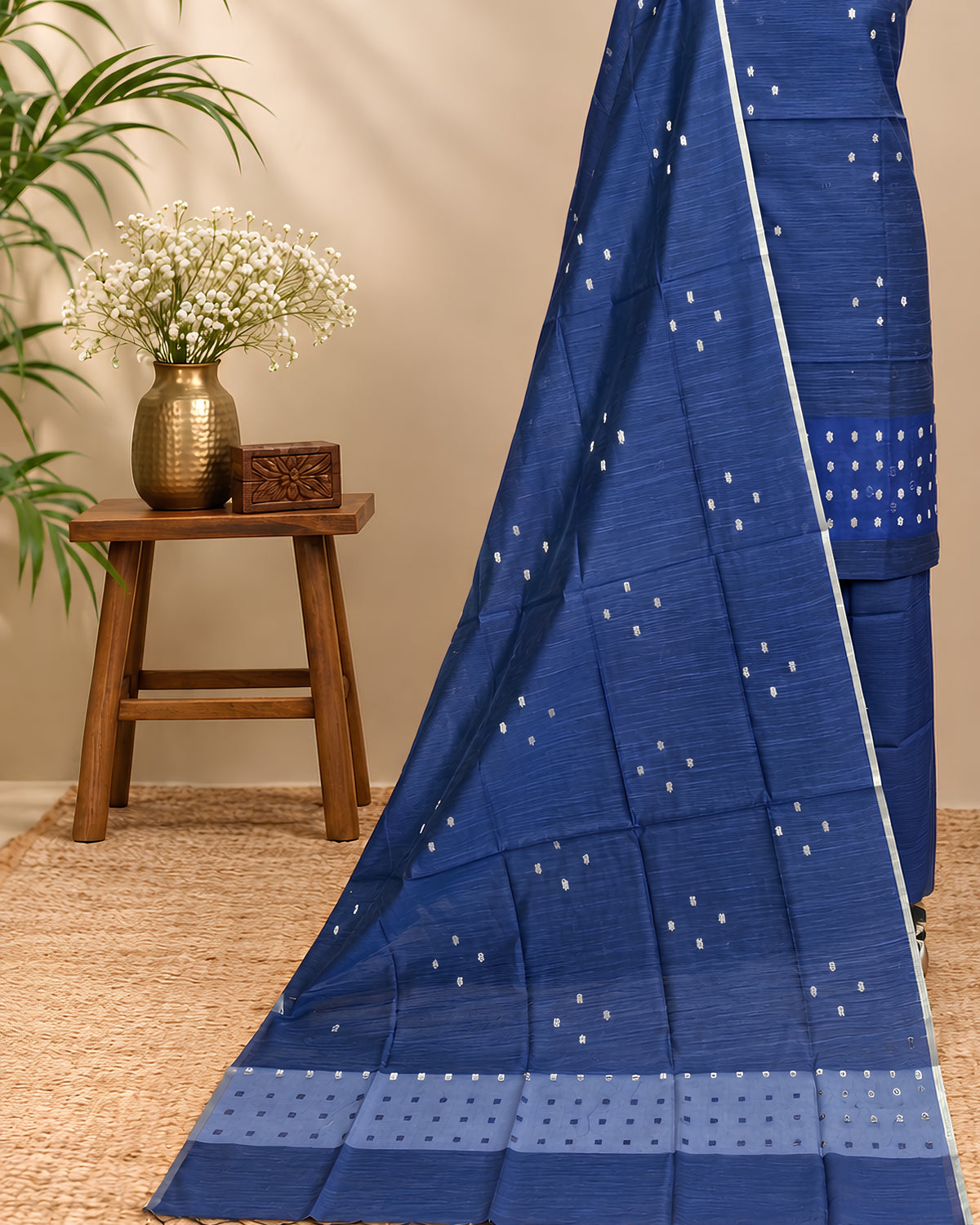 Navy blue raw silk organza butti fabric by S Fabs, showing delicate, lightweight silk material with intricate butti detailing.
