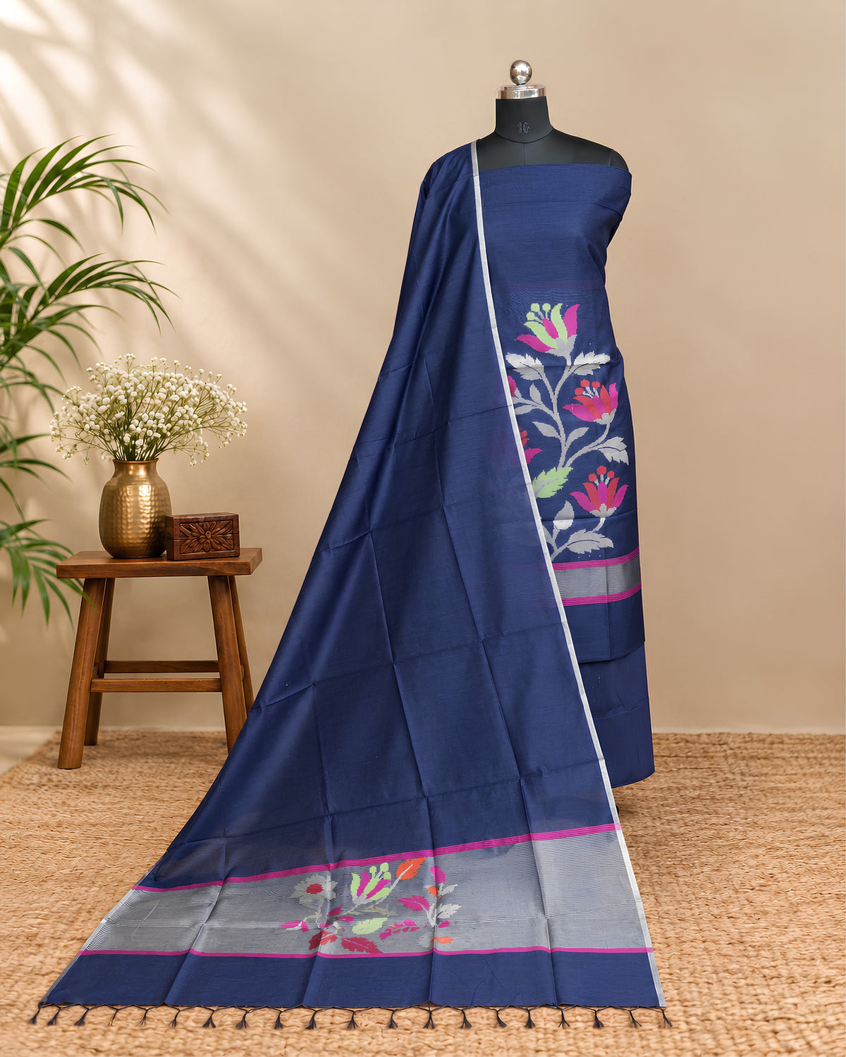 Navy blue Chanderi Jamdani Chudi set made of elegant material, featuring traditional designs and intricate weaving details.