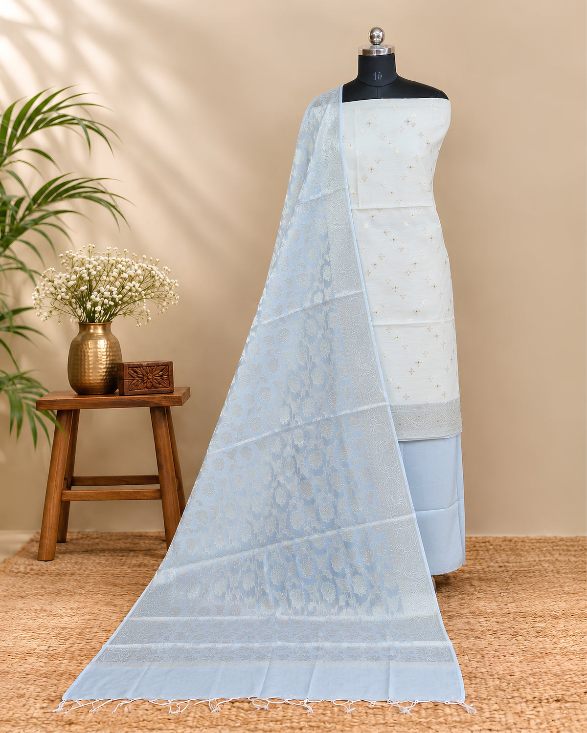 Soft silk cotton fabric in pastel off-white and ice blue colors from S Fabs, shown in natural draped form.