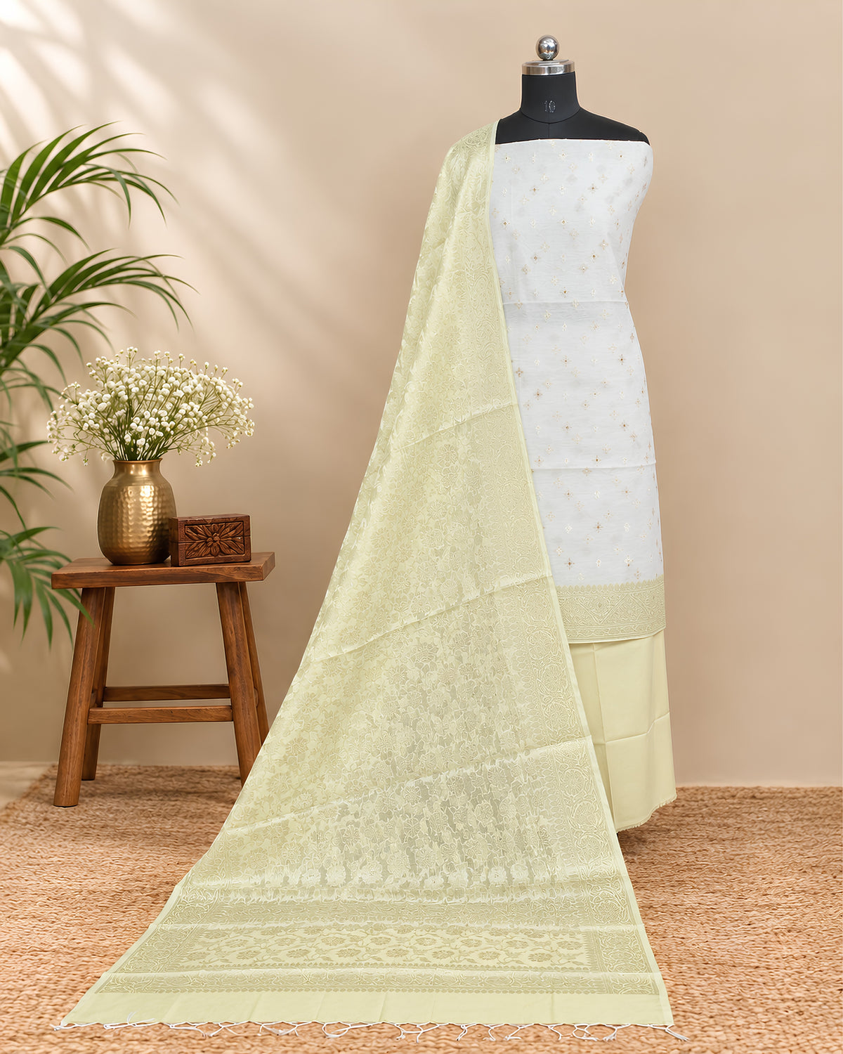 Off-white and pastel yellow silk cotton fabric from S Fabs, showcasing soft, smooth material in natural light.