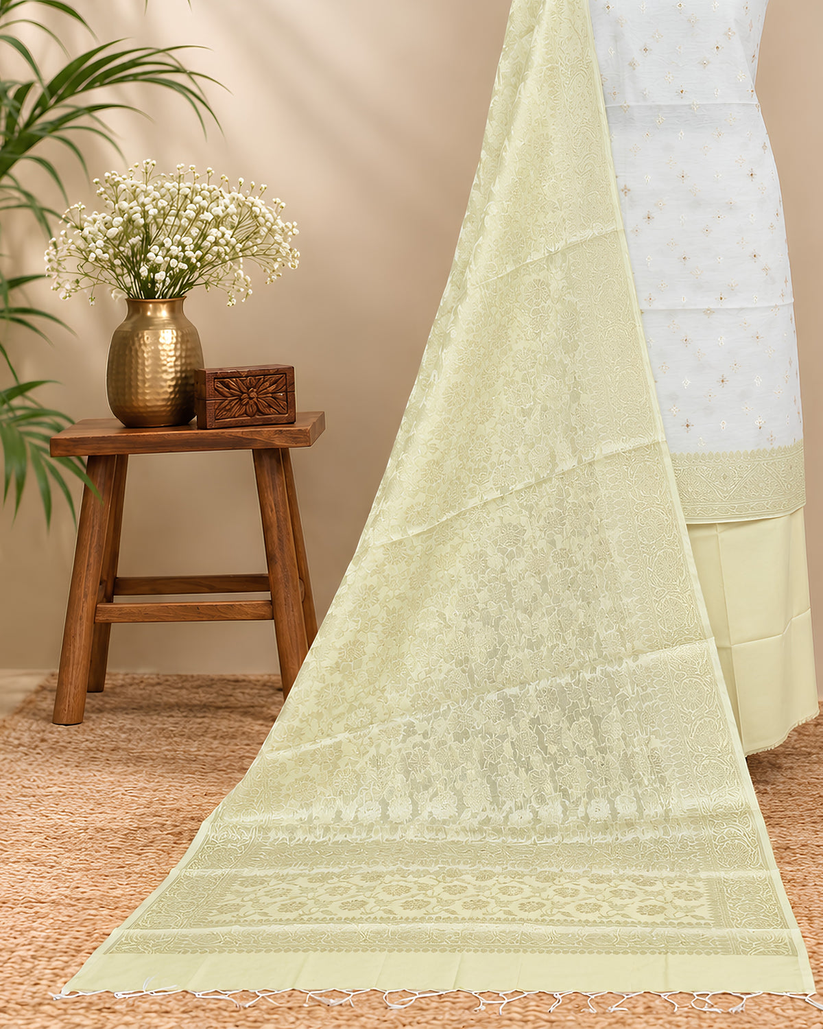Off-white and pastel yellow silk cotton fabric by S Fabs, showcasing soft, smooth material with a delicate pastel color palette.