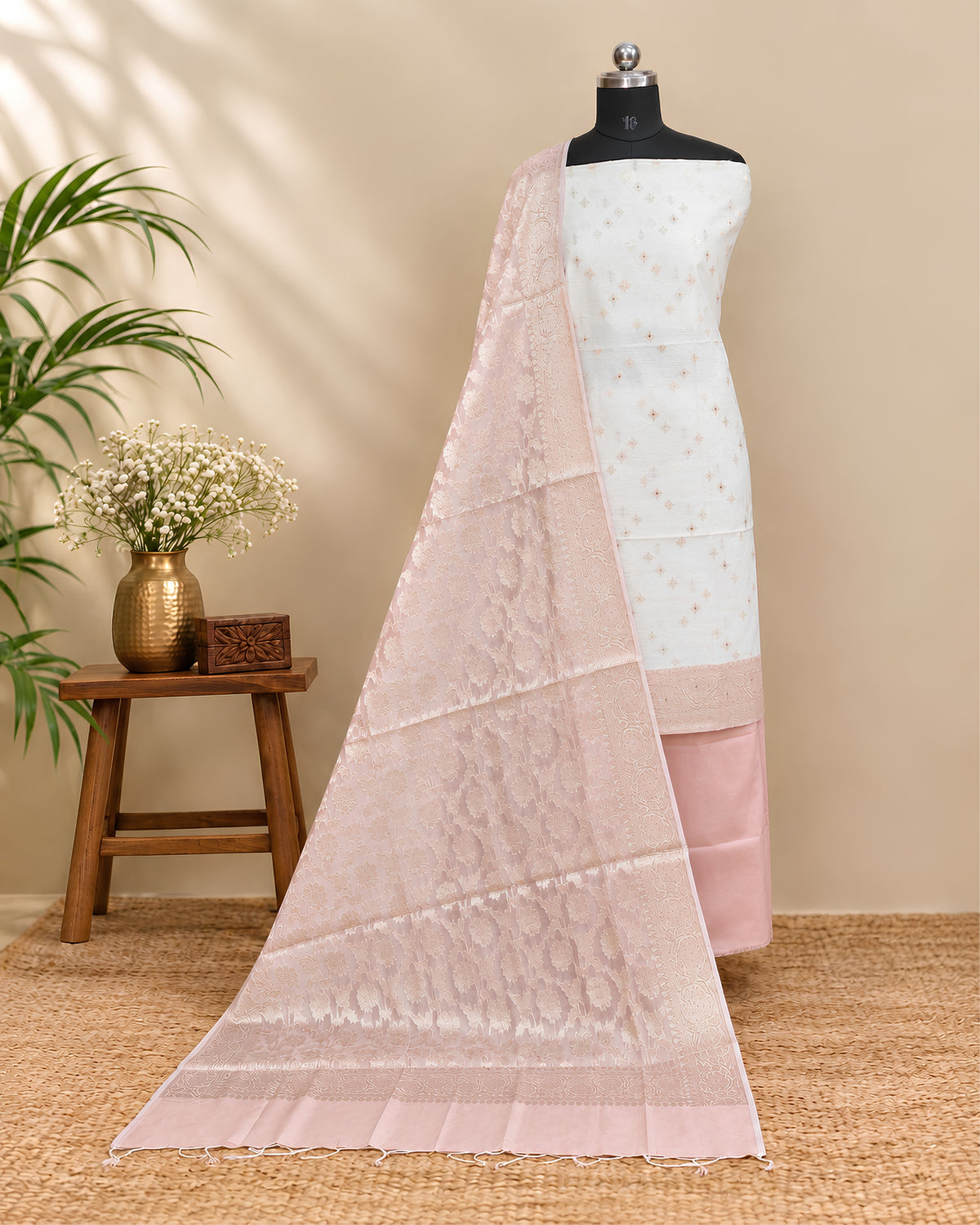 Off white and dusty pink silk cotton fabric by S Fabs, showcasing soft pastel material with smooth texture and elegant color blend.