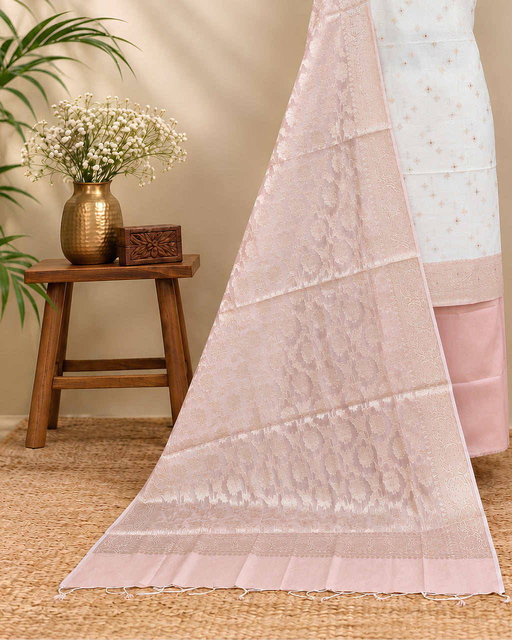 Soft silk cotton fabric in off-white and dusty pink from S Fabs, showcasing smooth texture and pastel color blend.