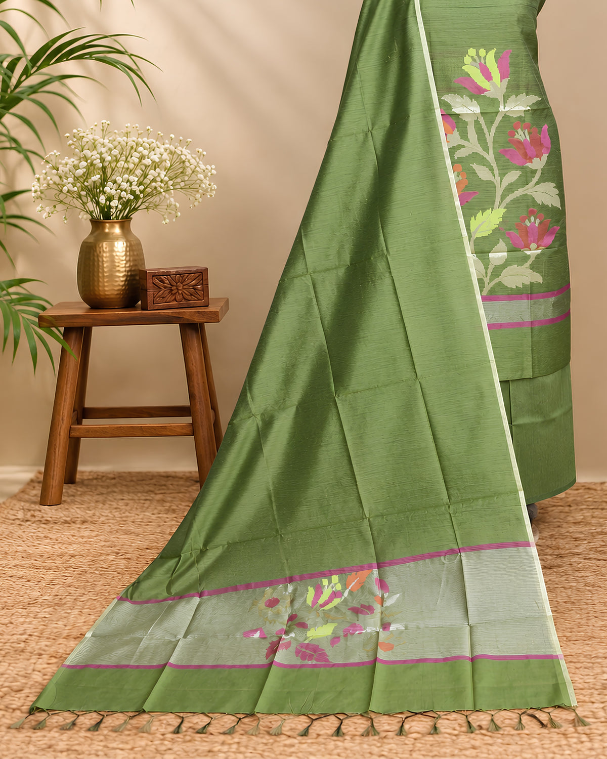 Olive green Chanderi Jamdani Chudi set made from quality material, showcasing intricate traditional weaving and craftsmanship.