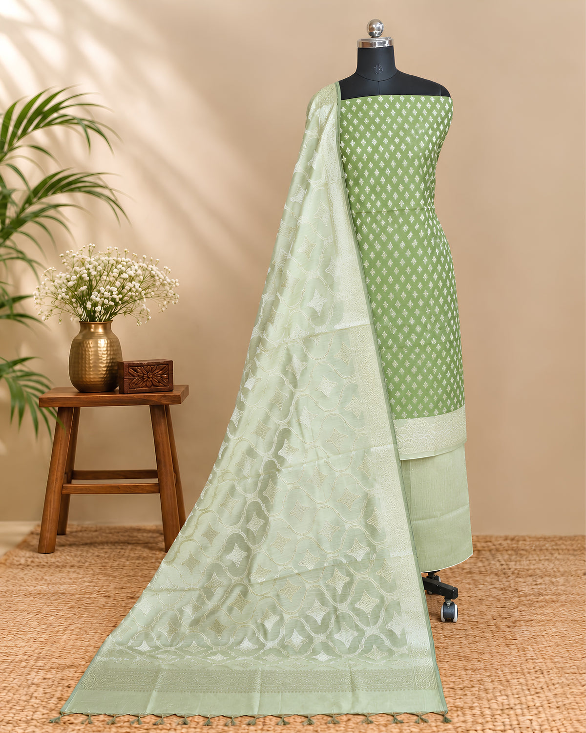 Olive and sage green silk cotton chudi set by S Fabs, featuring traditional Indian bangles and intricate embroidery.