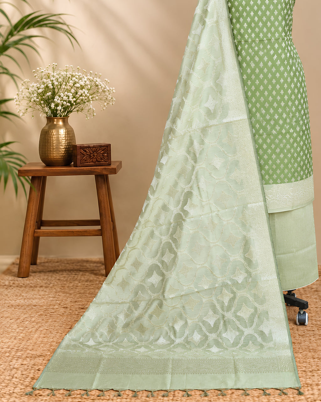 Olive and sage green silk cotton chudi set from S Fabs, showcasing traditional bangles and intricate fabric details.