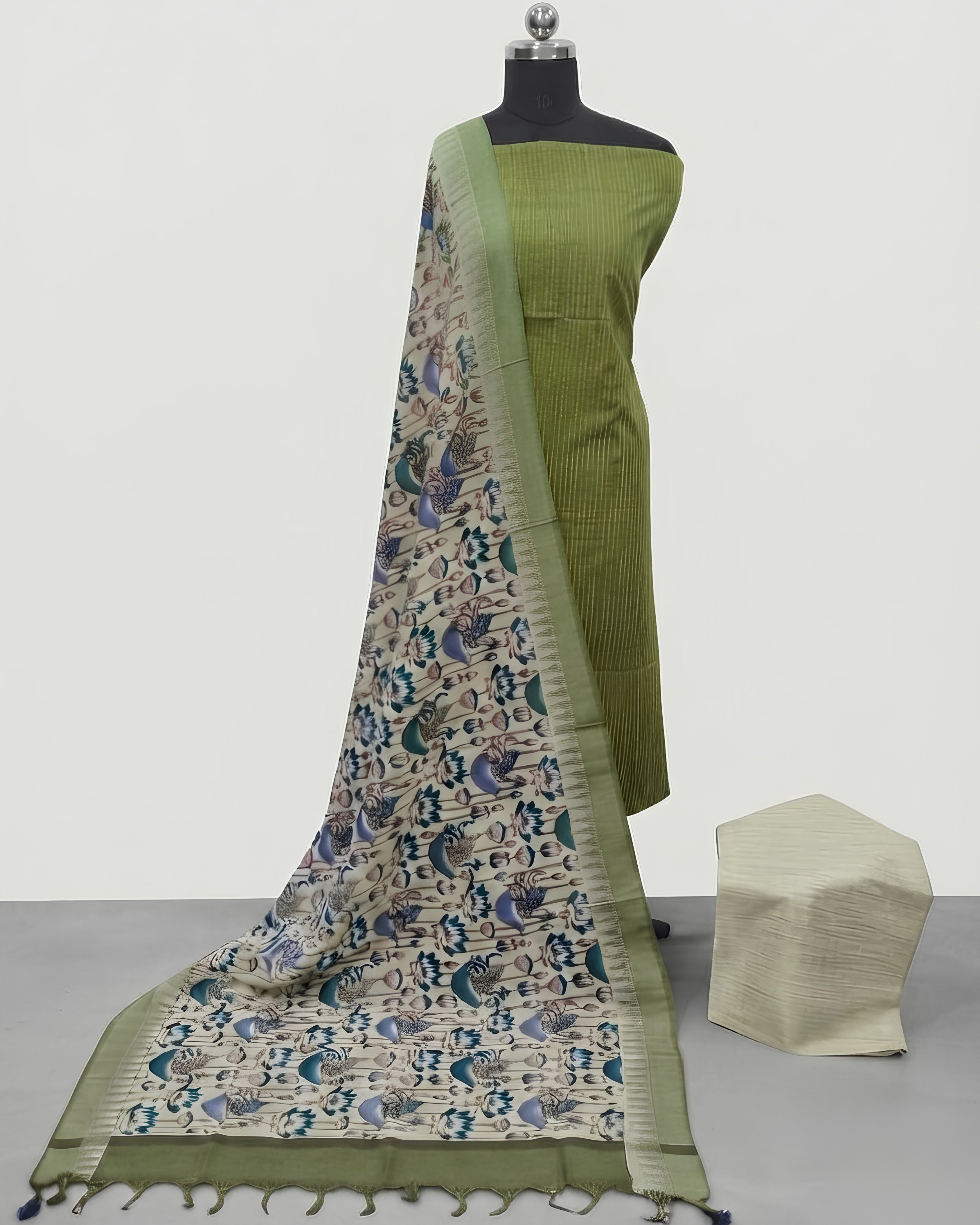 KADHI COTTON PICHWAI PRINTED DUPATTA CHUDI SET - OLIVE GREEN