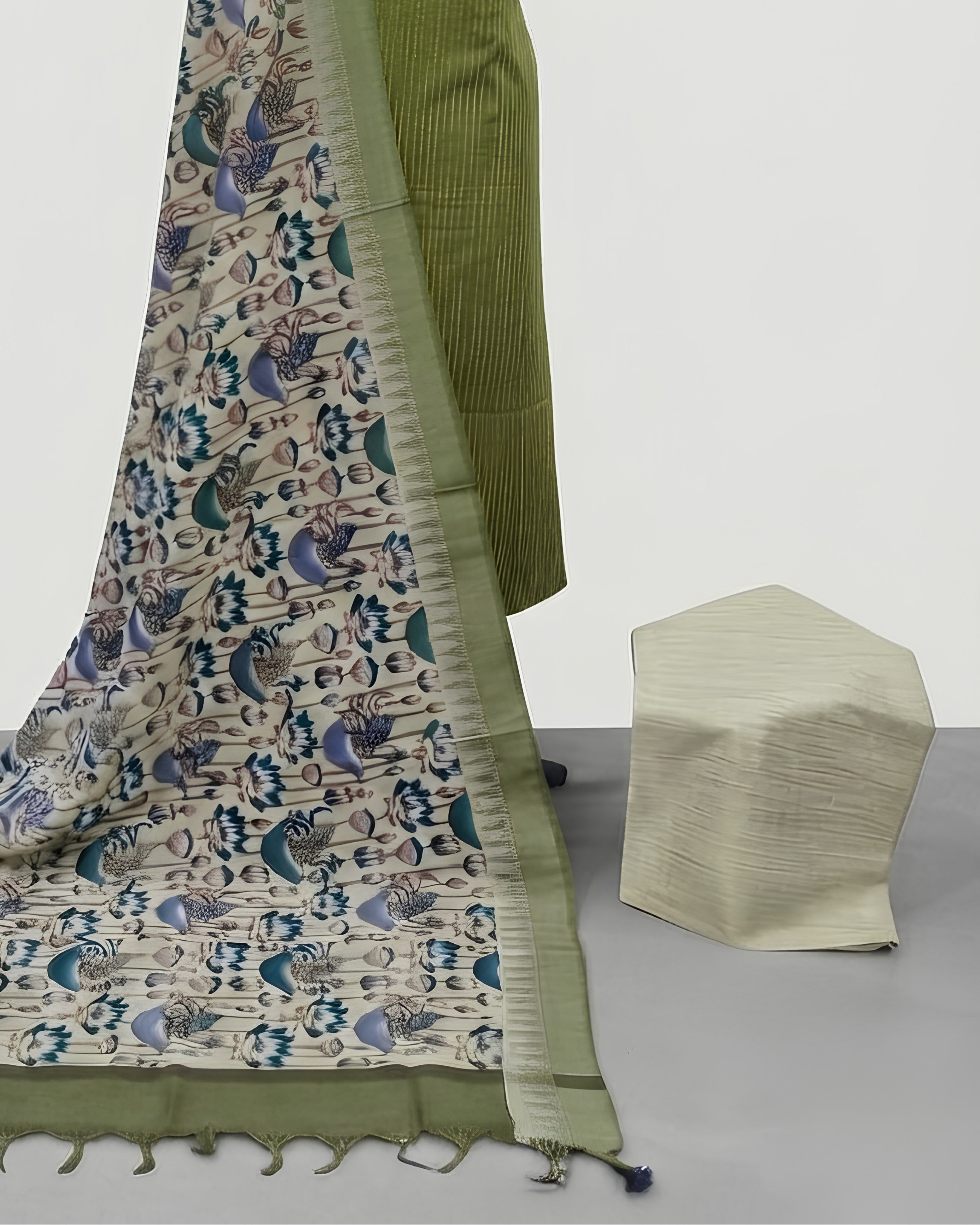 KADHI COTTON PICHWAI PRINTED DUPATTA CHUDI SET - OLIVE GREEN