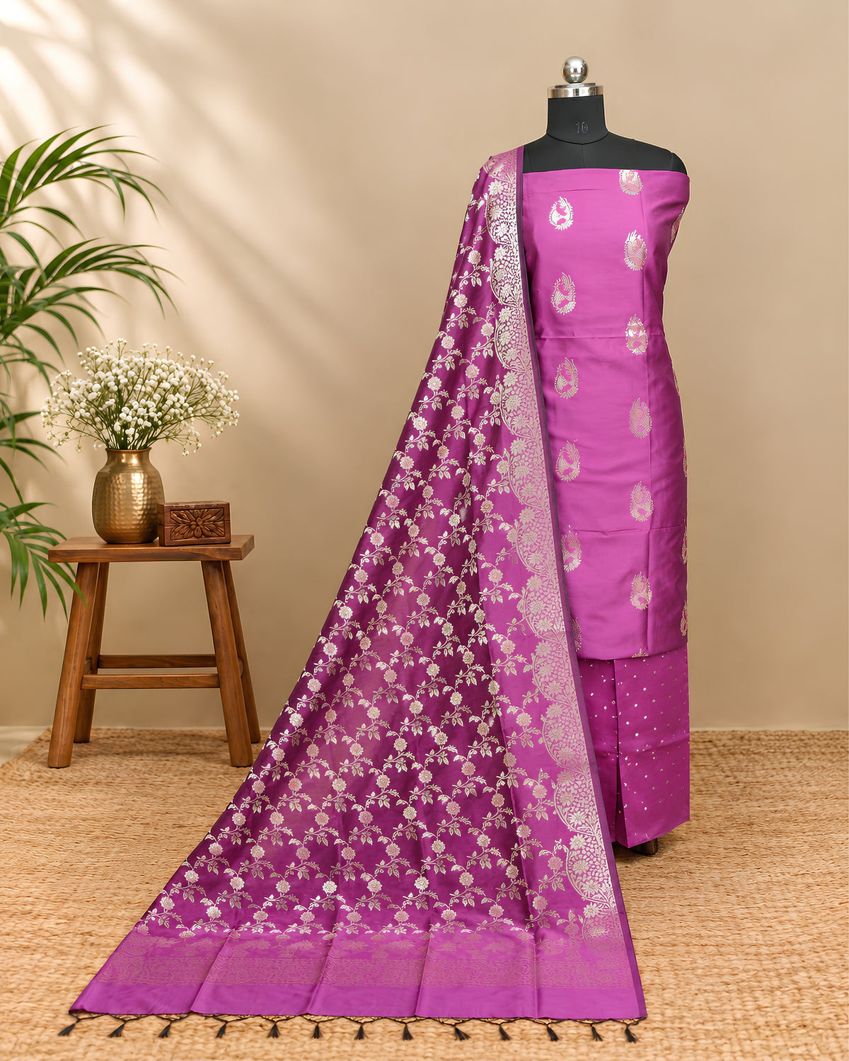 Orchid pink Banarasi Chudi set by S Fabs featuring traditional woven bangles with intricate gold detailing.