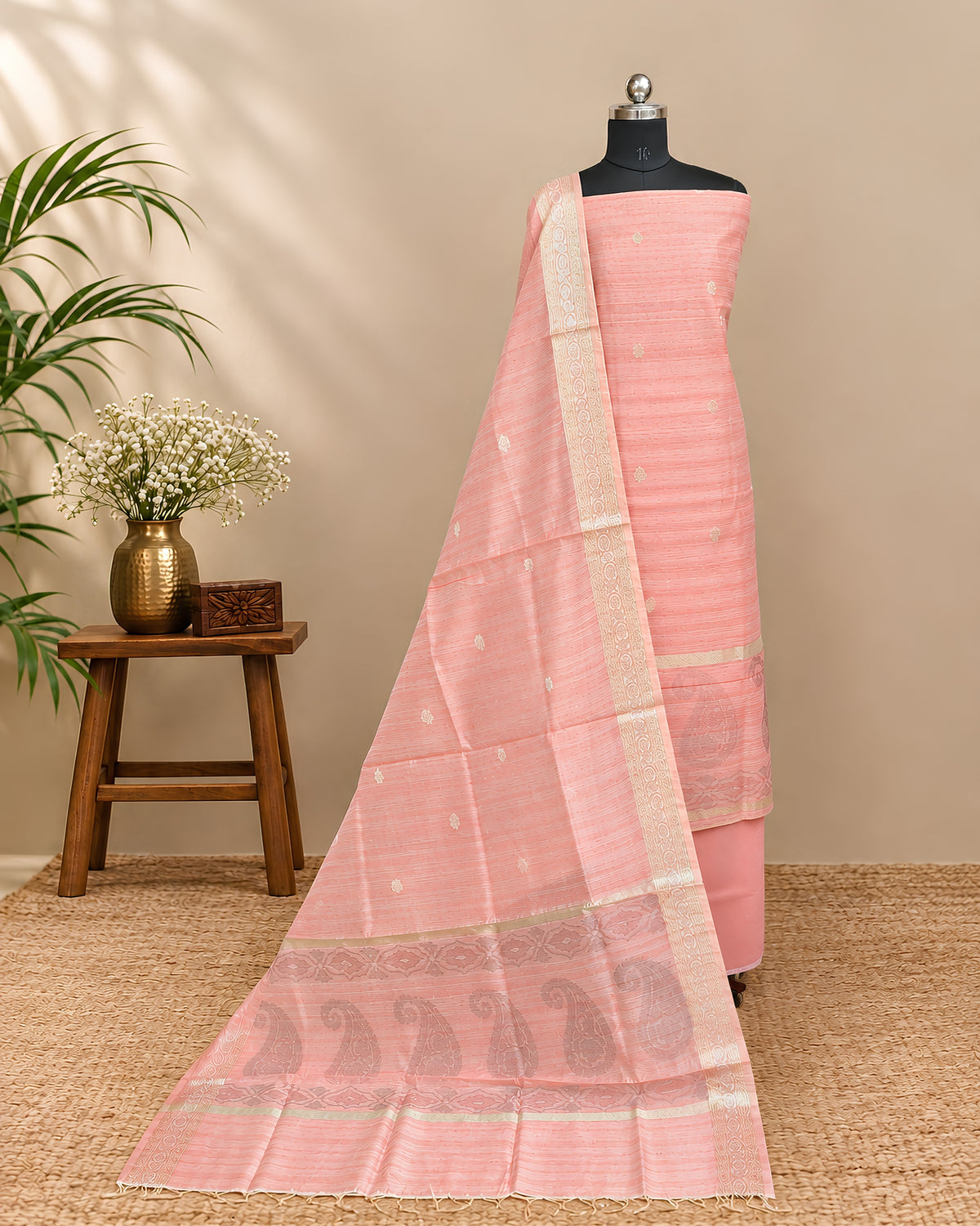 Peach Chanderi Tani print fabric by S Fabs, showcasing intricate traditional design on a smooth material surface.