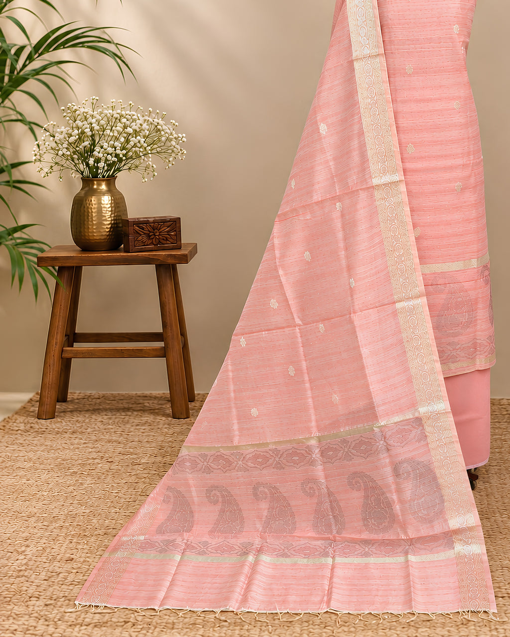 Peach Chanderi Tani print fabric from S Fabs, showcasing intricate traditional Indian material with a soft, elegant texture.