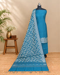 Peacock blue silk cotton Banarasi dupatta with intricate traditional weaving, showcasing rich texture and vibrant color.