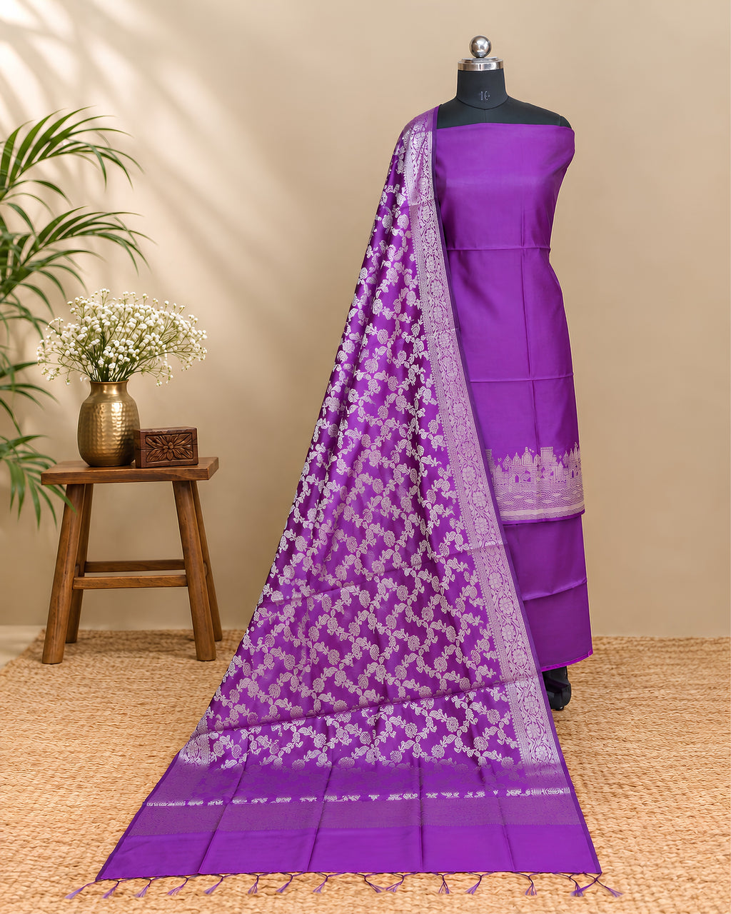 Purple silk cotton Banarasi dupatta featuring intricate traditional weaving, crafted by S Fabs.