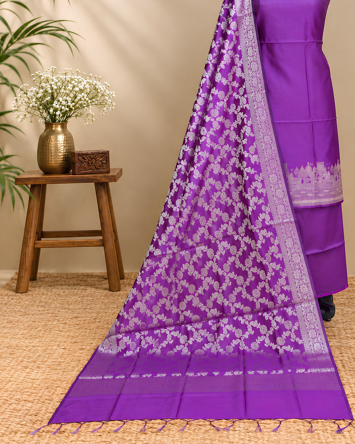 Purple silk cotton Banarasi dupatta with intricate gold zari work, from S Fabs, showcasing traditional craftsmanship.