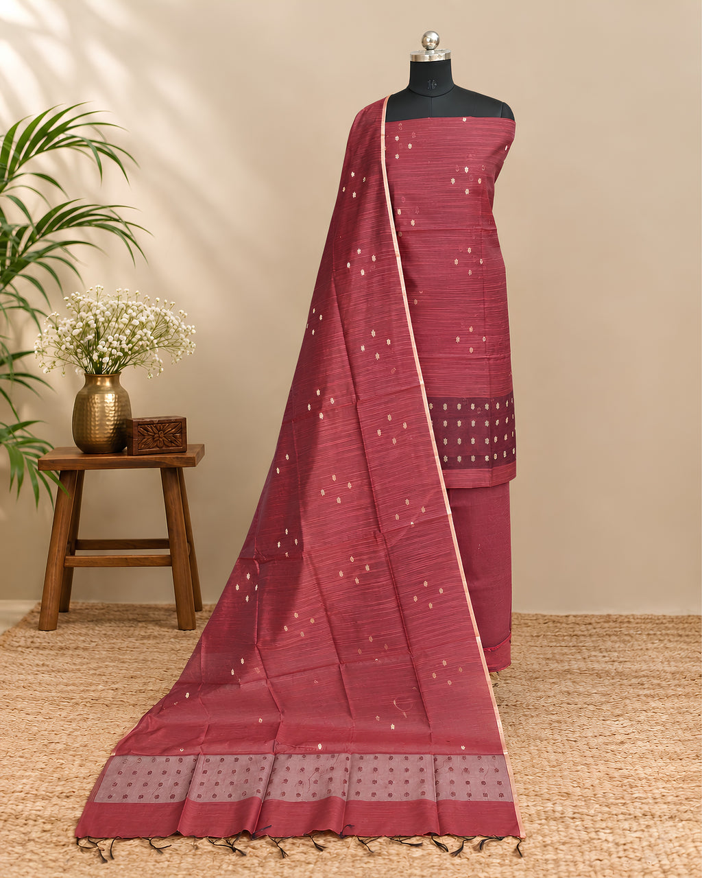 Maroon raw silk organza fabric with traditional butti pattern, ideal for elegant clothing and craft projects by S Fabs.