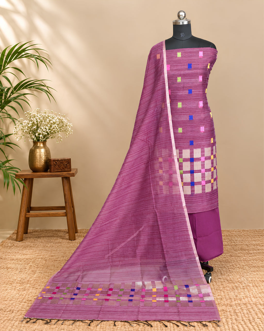 Jamdani weave chudi set in rich magenta fabric by S Fabs, showcasing intricate textile craftsmanship and vibrant color.
