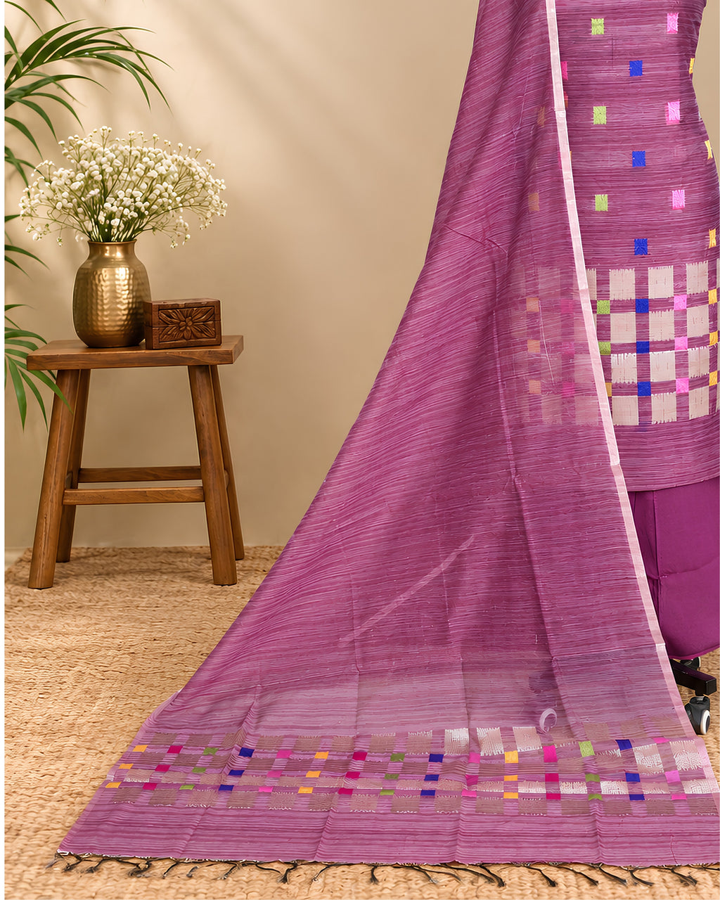 Jamdani weave chudi set in rich magenta fabric by S Fabs, showcasing intricate traditional material design.