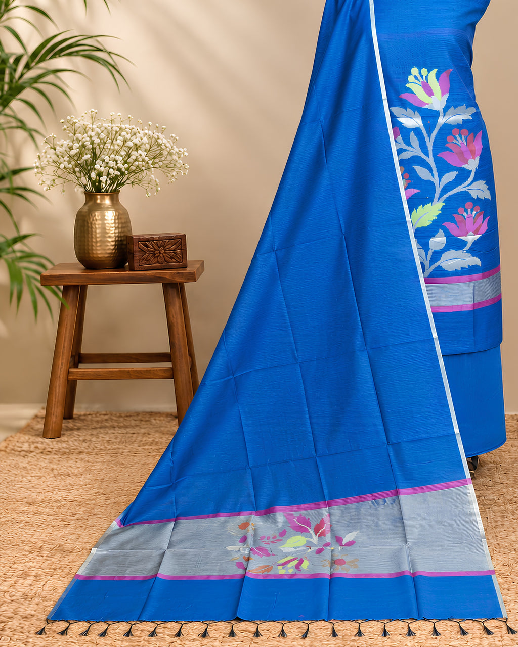Royal blue Chanderi Jamdani Chudi set made with elegant material by S Fabs, featuring intricate woven patterns and traditional craftsmanship.