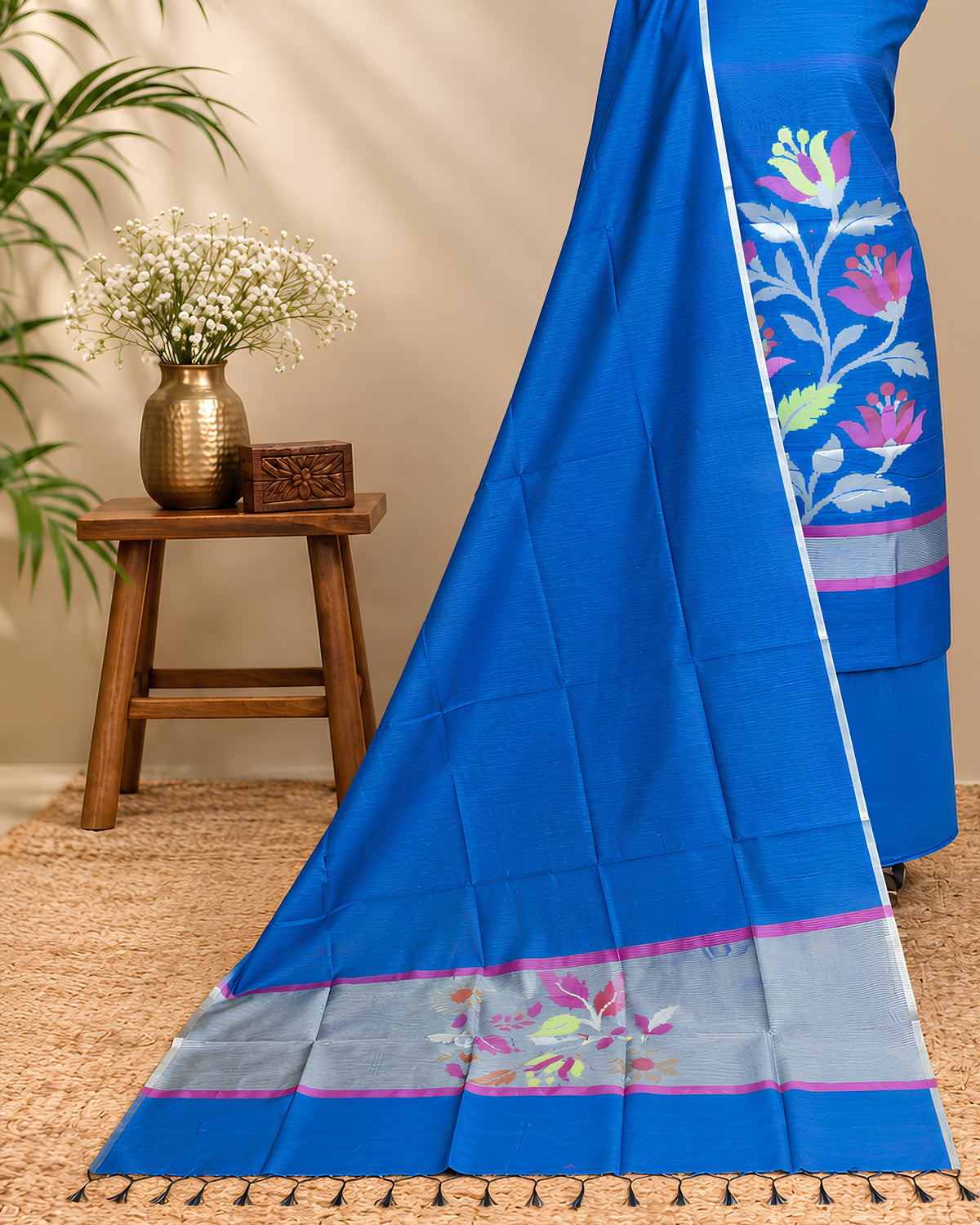 Royal blue Chanderi Jamdani Chudi set made with elegant material by S Fabs, featuring intricate woven patterns and traditional craftsmanship.