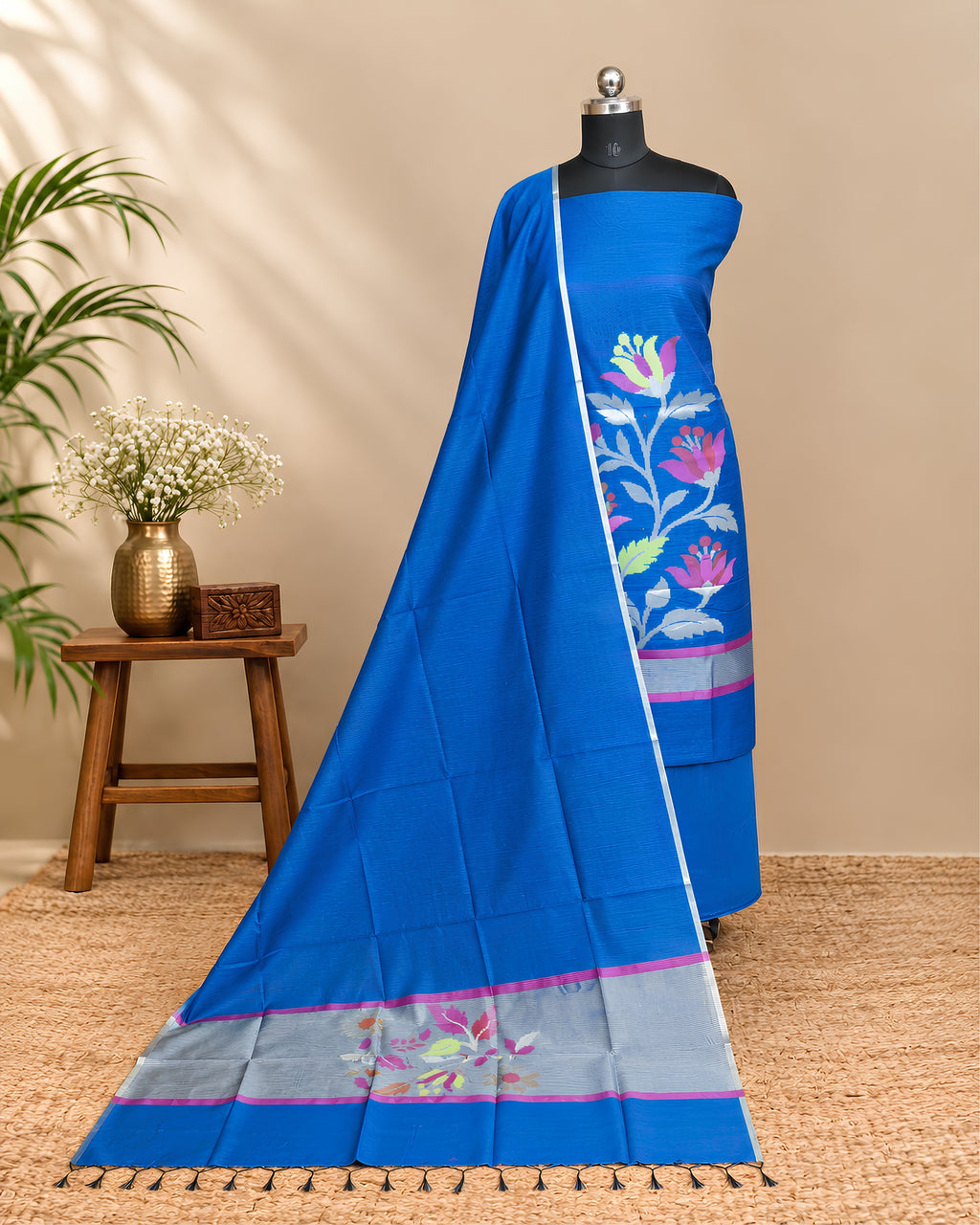 Royal blue Chanderi Jamdani Chudi set made from luxurious fabric, featuring intricate traditional design and elegant craftsmanship.