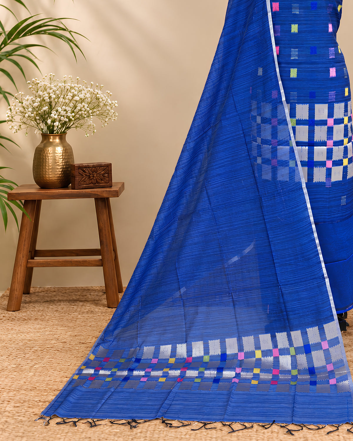 Royal blue Jamdani weave chudi set from S Fabs, featuring intricate traditional craftsmanship and vibrant fabric details.