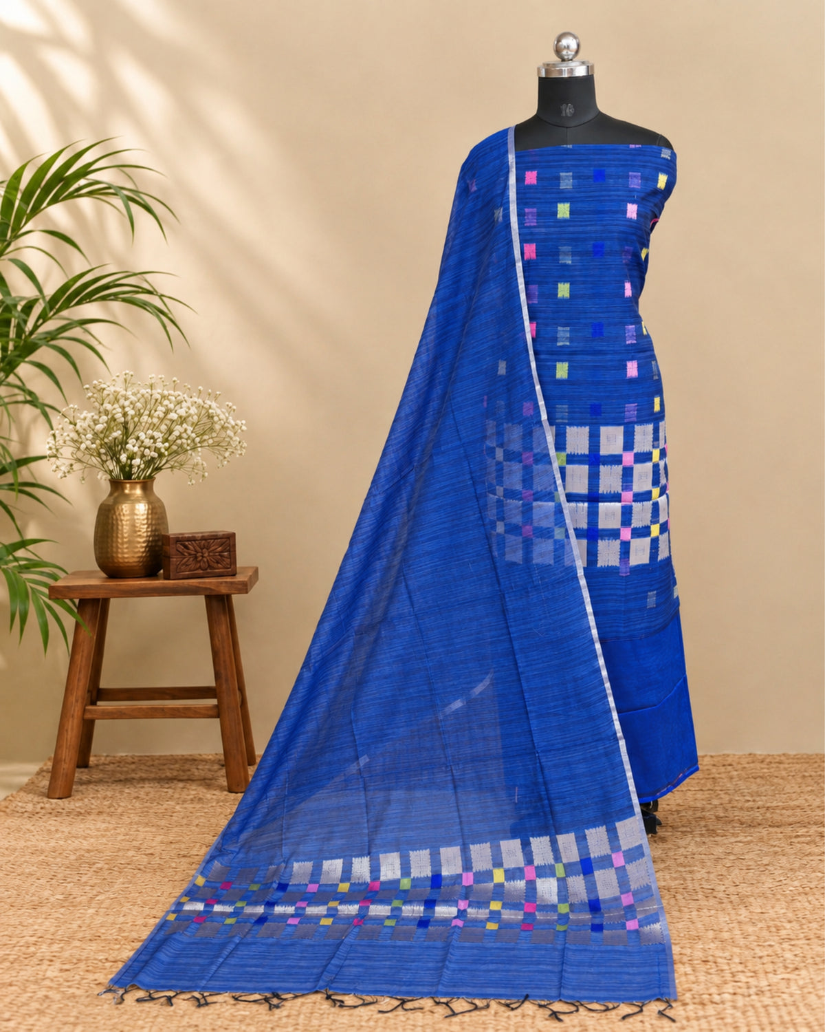 Royal blue Jamdani weave Chudi set made of high-quality material by S Fabs, showcasing intricate traditional design.
