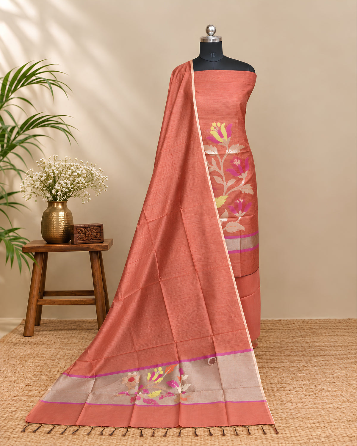 Rust orange Chanderi Jamdani Chudi set with intricate traditional patterns, crafted from S Fabs material.
