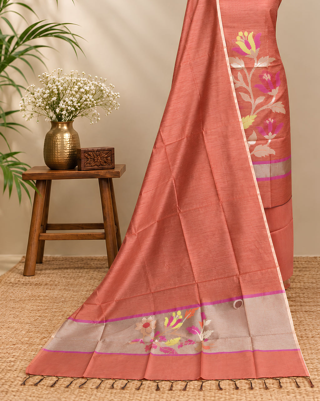 Rust orange Chanderi Jamdani Chudi set made from soft material, featuring intricate traditional patterns and elegant design.