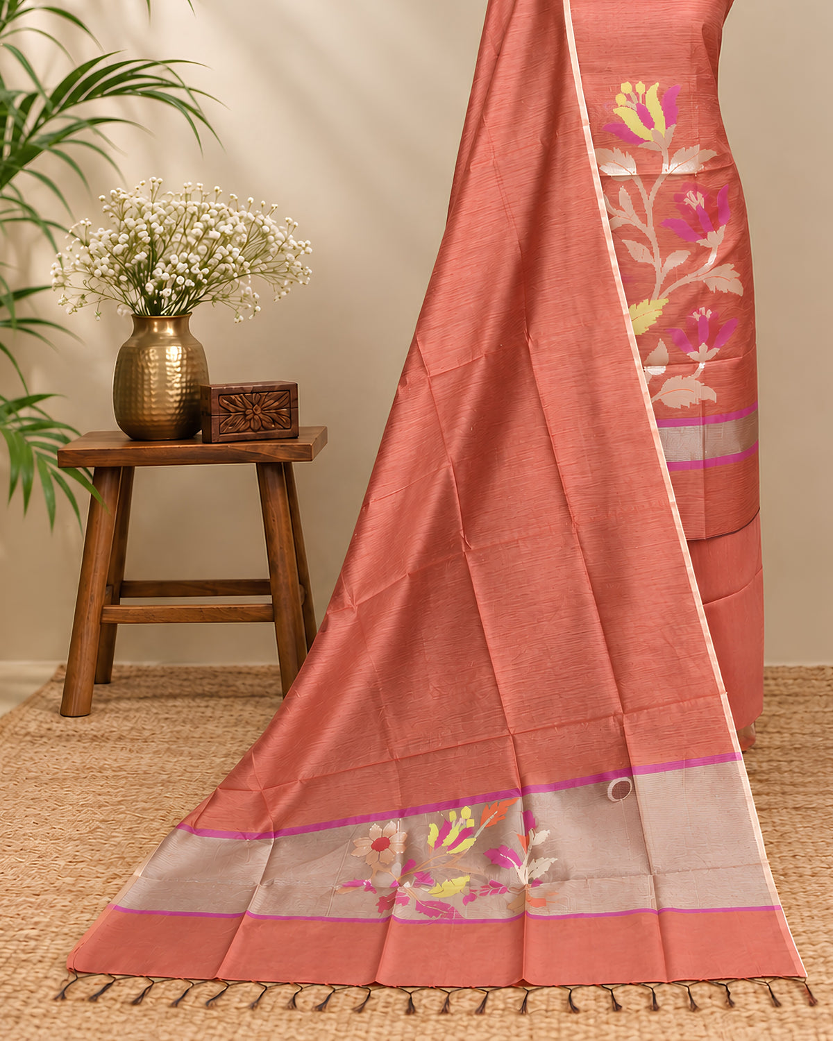 Rust orange Chanderi Jamdani Chudi set made from soft material, featuring intricate traditional patterns and elegant design.
