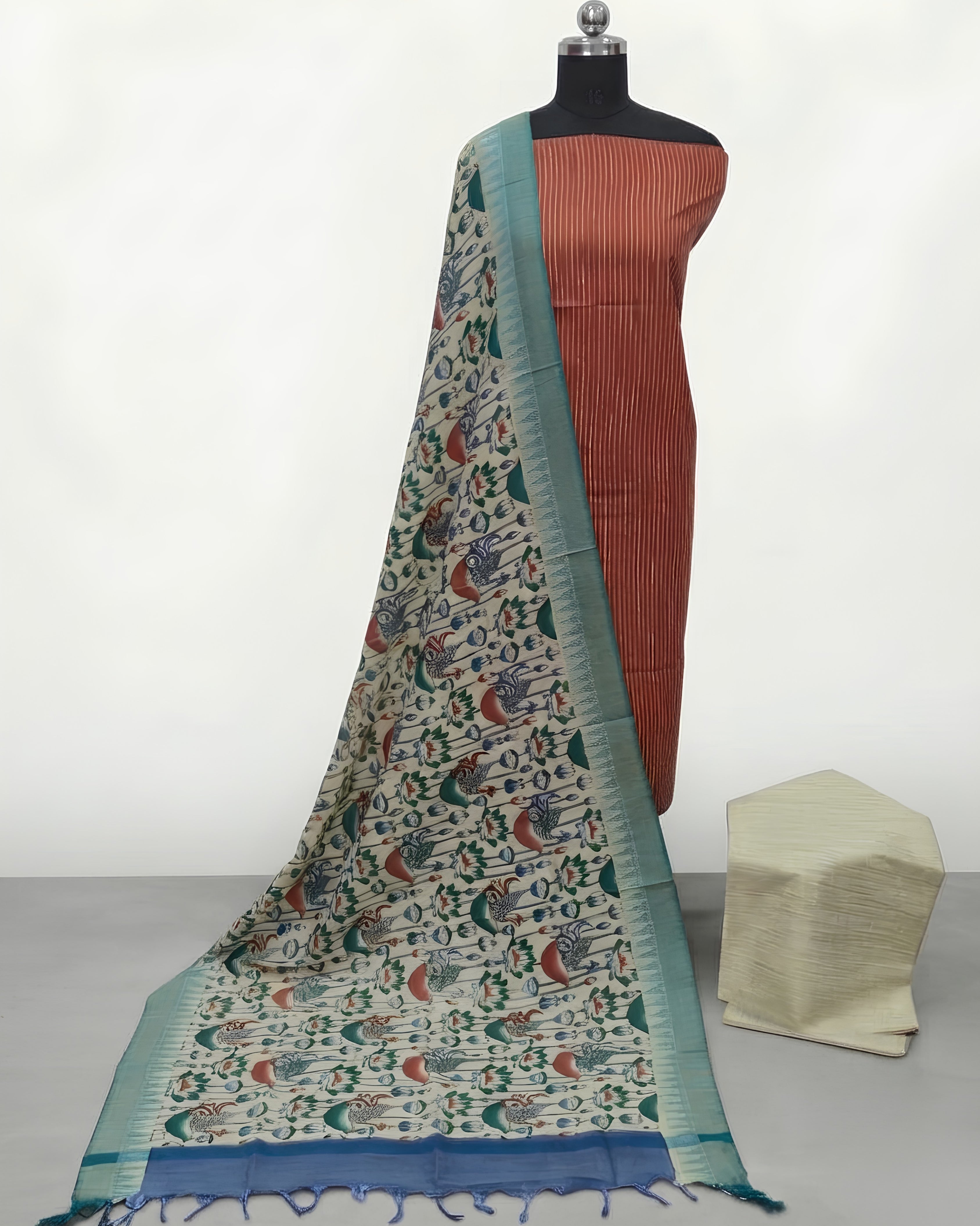 KADHI COTTON PICHWAI PRINTED DUPATTA CHUDI SET -RUST ORANGE