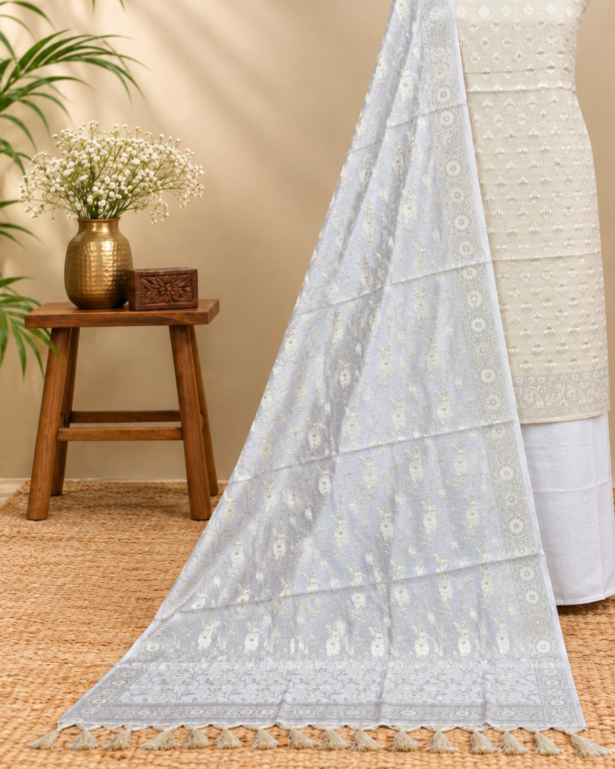 Soft beige and off-white Chanderi Zari weave chudi set fabric by S Fabs, showcasing intricate traditional material design.