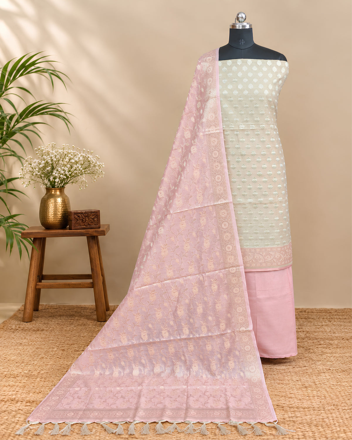 Soft beige and pastel pink Chanderi Zari weave chudi set fabric by S Fabs, showcasing intricate traditional material design.