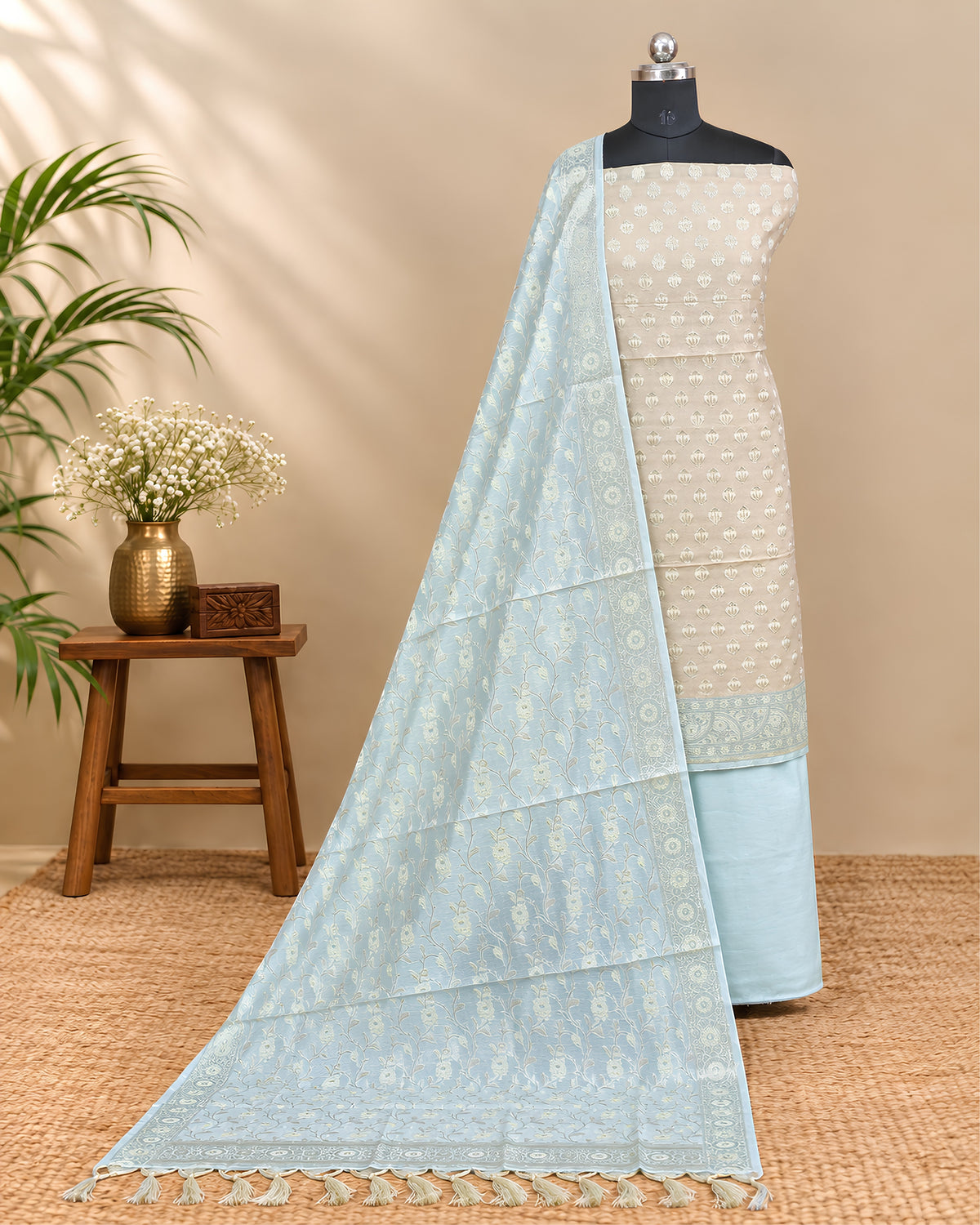 Soft beige and powder blue Chanderi Zari weave chudi set fabric from S Fabs, showcasing intricate traditional material design.