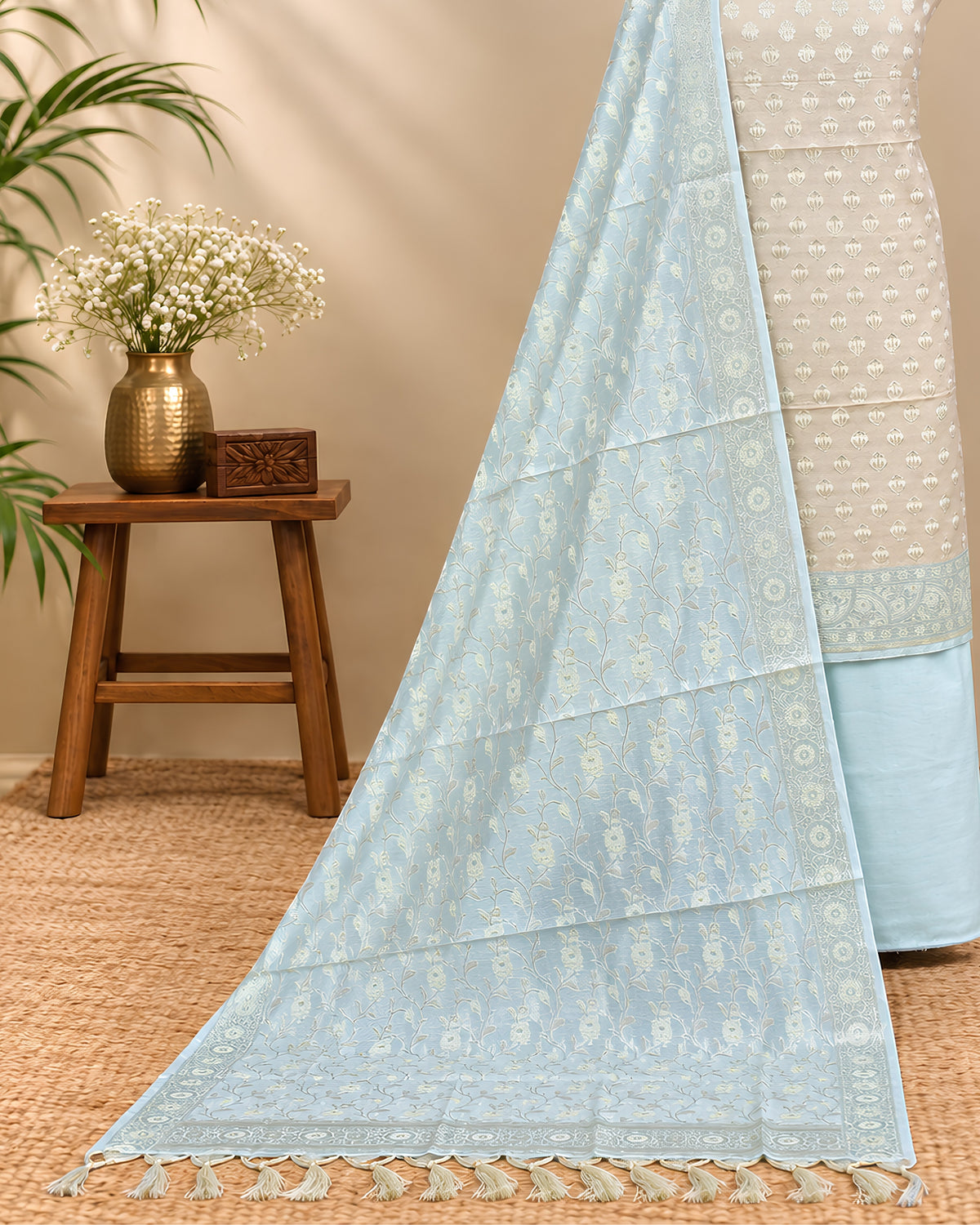 Soft beige and powder blue Chanderi Zari weave chudi set made of luxurious material from S Fabs, displayed in the image.