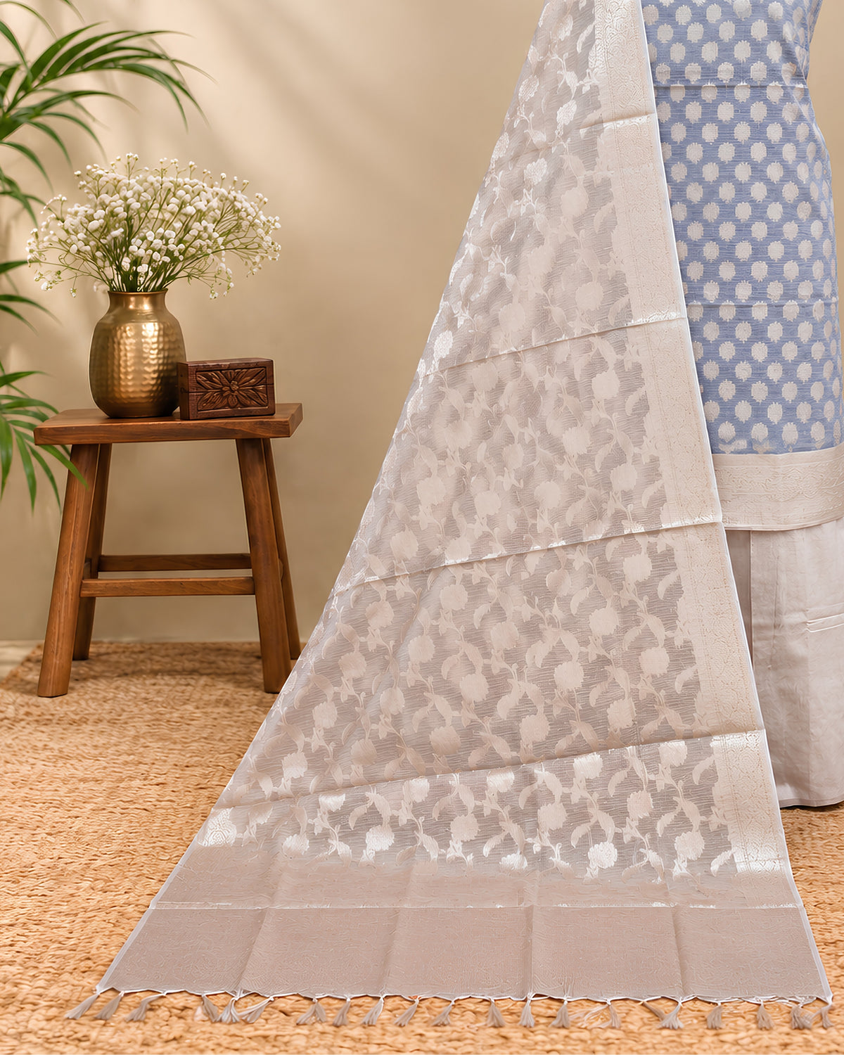 Steel grey Kota Zari Weave Chudi Set made of intricate steel grey material by S Fabs, detailed craftsmanship visible.