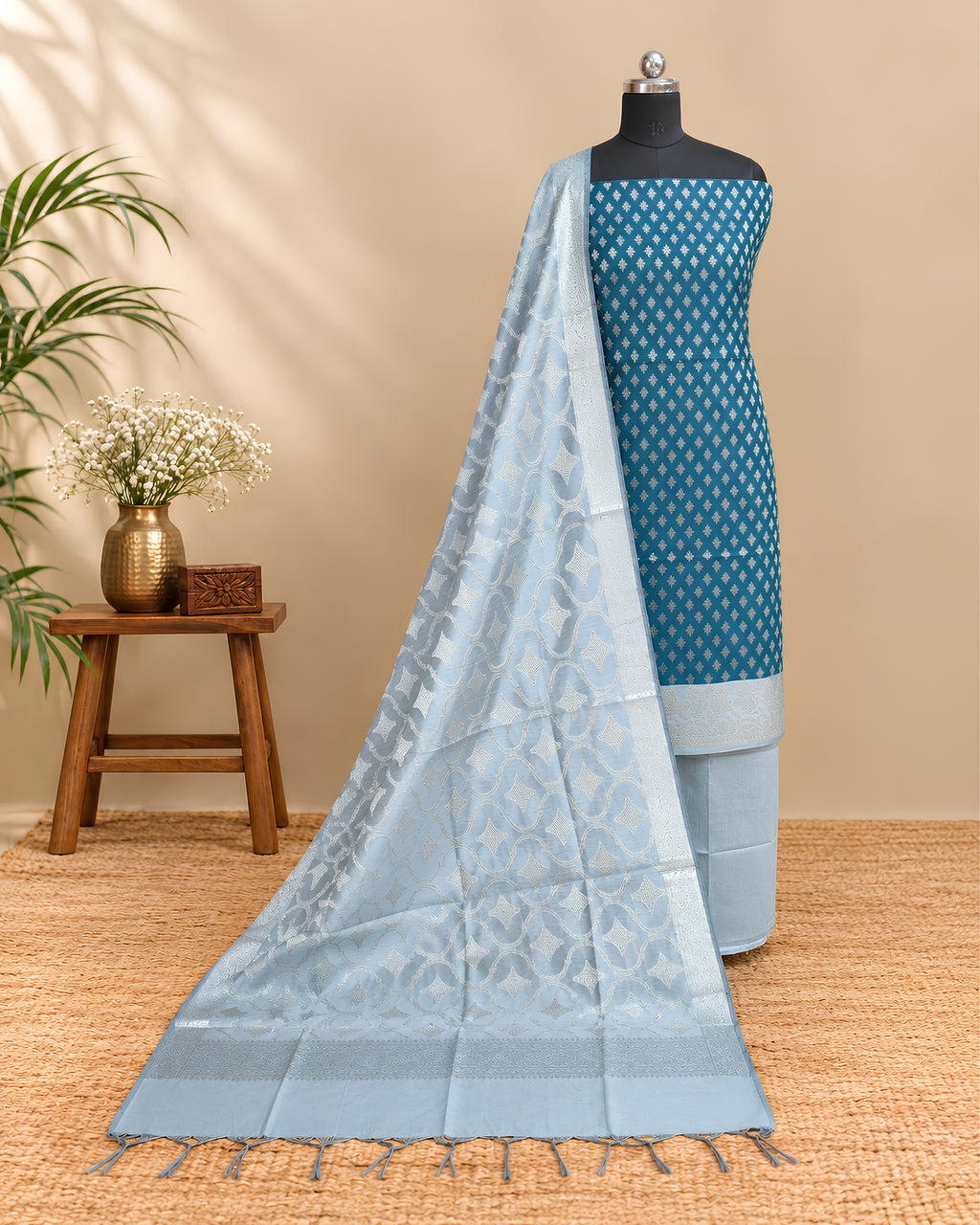 Silk cotton chudi set in teal blue and silver from S Fabs, showcasing the vibrant fabric and intricate design details.