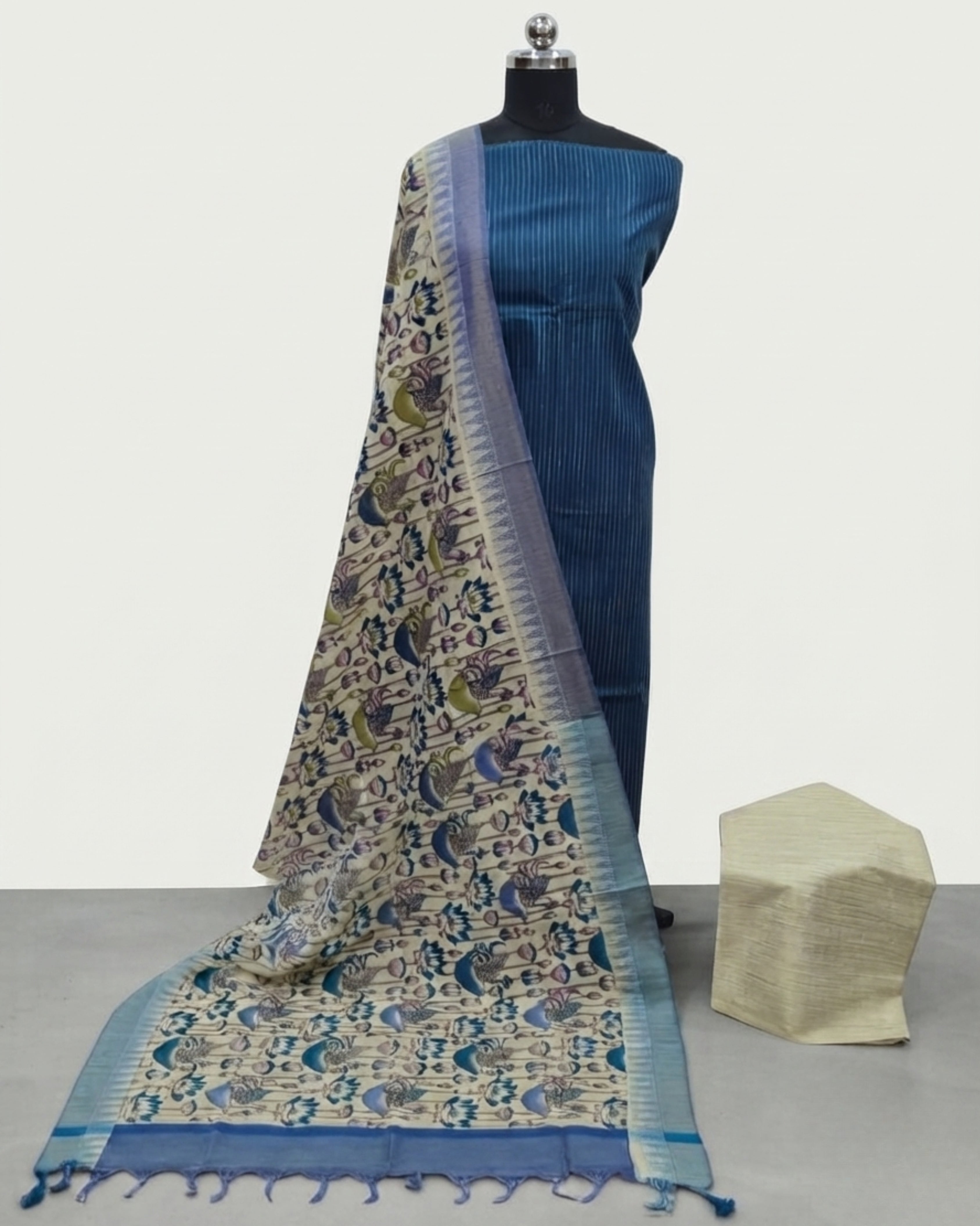 KADHI COTTON PICHWAI PRINTED DUPATTA CHUDI SET - TEAL BLUE