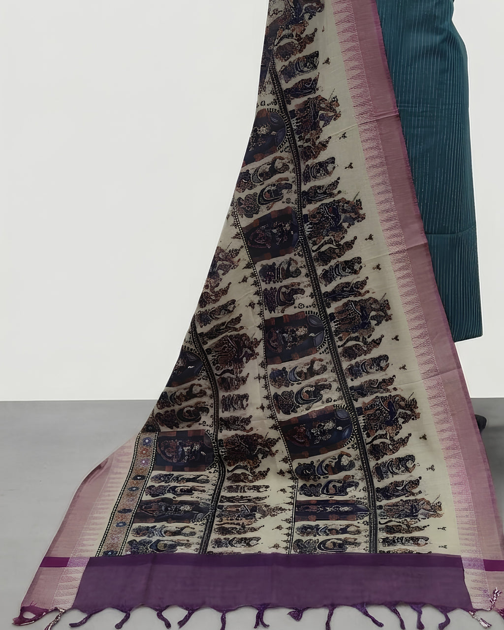 KADHI COTTON KALAMKARI DHUPATTA PRINTED CHUDI SET - TEAL BLUE