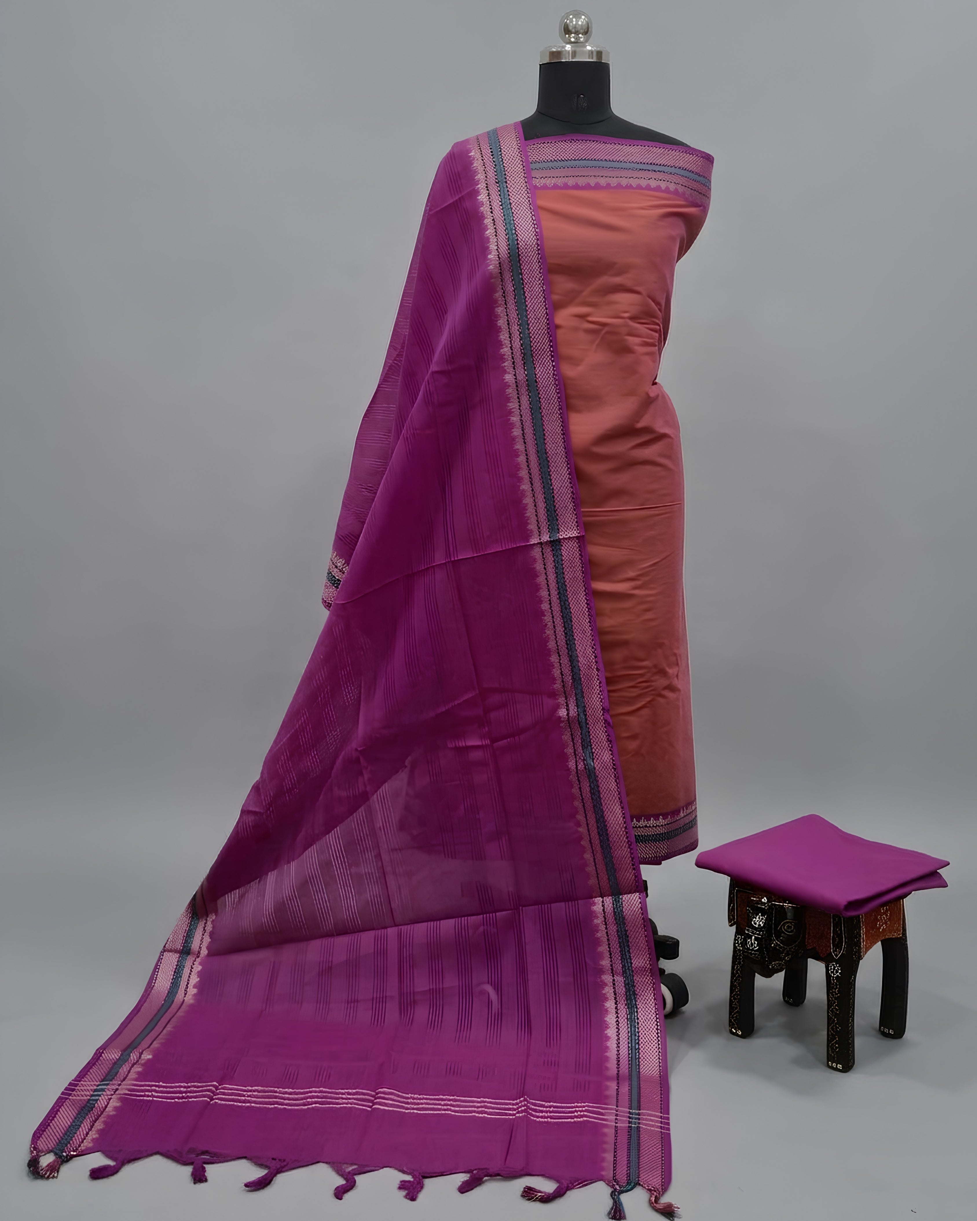 MANGALAGIRI PURE COTTON  ZARI - TERRACOTTA PINK WITH MAGENTA