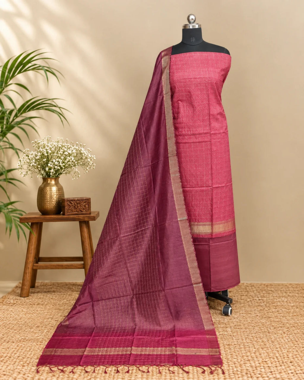 Maroon semi Tussar checks fabric by S Fabs, showcasing the elegant textured material suitable for traditional and formal wear.