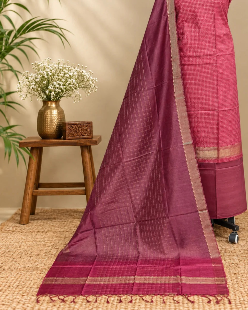 Maroon semi Tussar checks fabric by S Fabs, showing a close-up of the textured woven material with a checkered pattern.