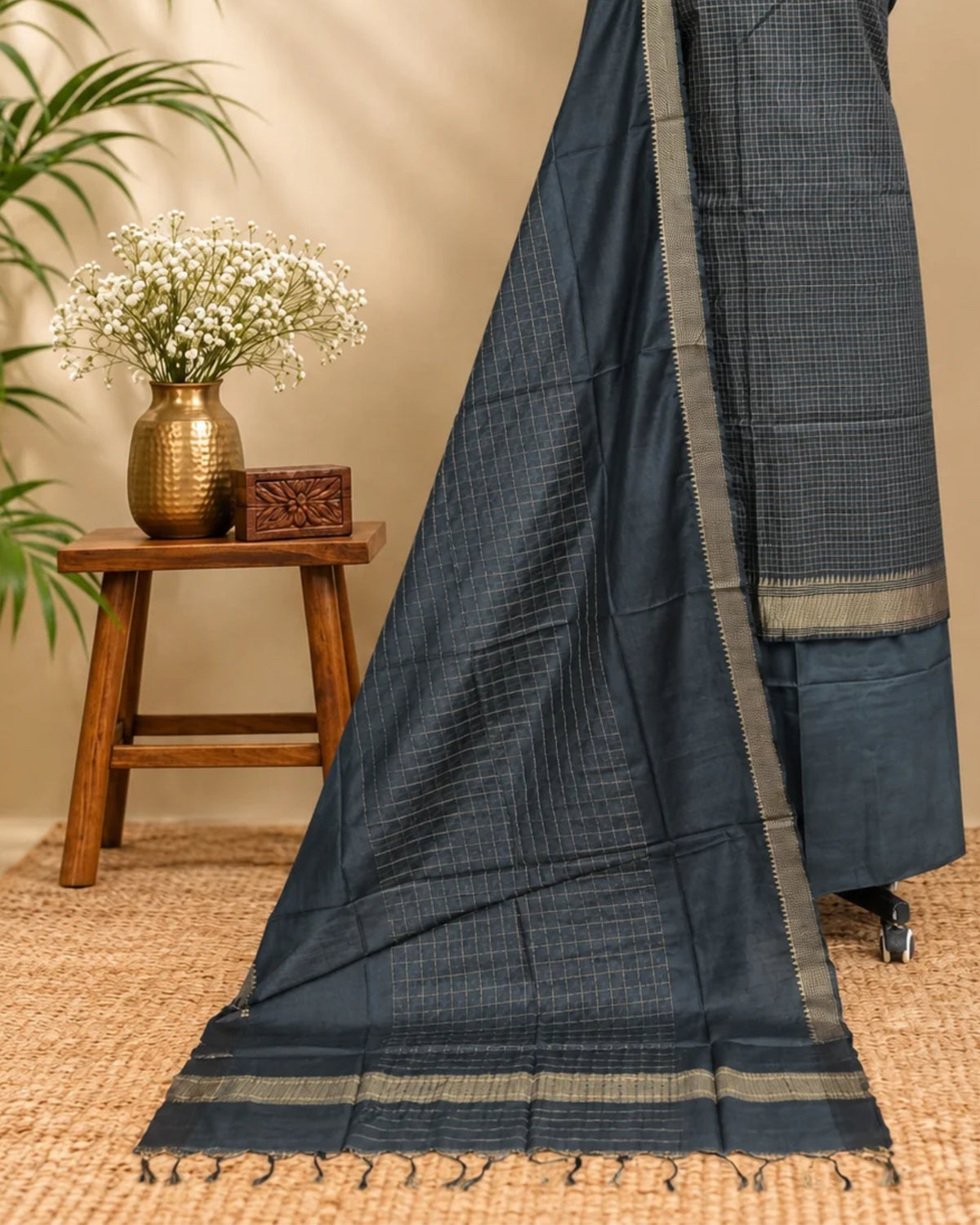 Semi Tussar Checks fabric in black from S Fabs, showing a close-up of the textured check pattern and soft silk-like material.