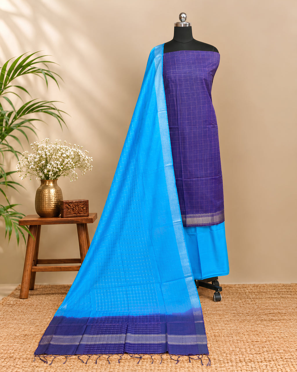 Semi Tussar Checks fabric in purple and blue by S Fabs, featuring a checkered pattern and smooth texture.