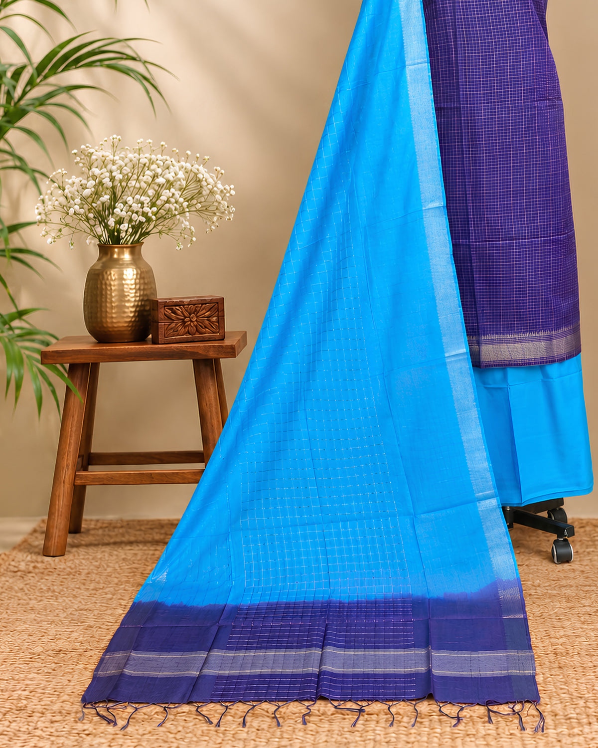 Semi Tussar Checks fabric in purple and blue by S Fabs, showcasing a detailed textile pattern and vibrant color combination.