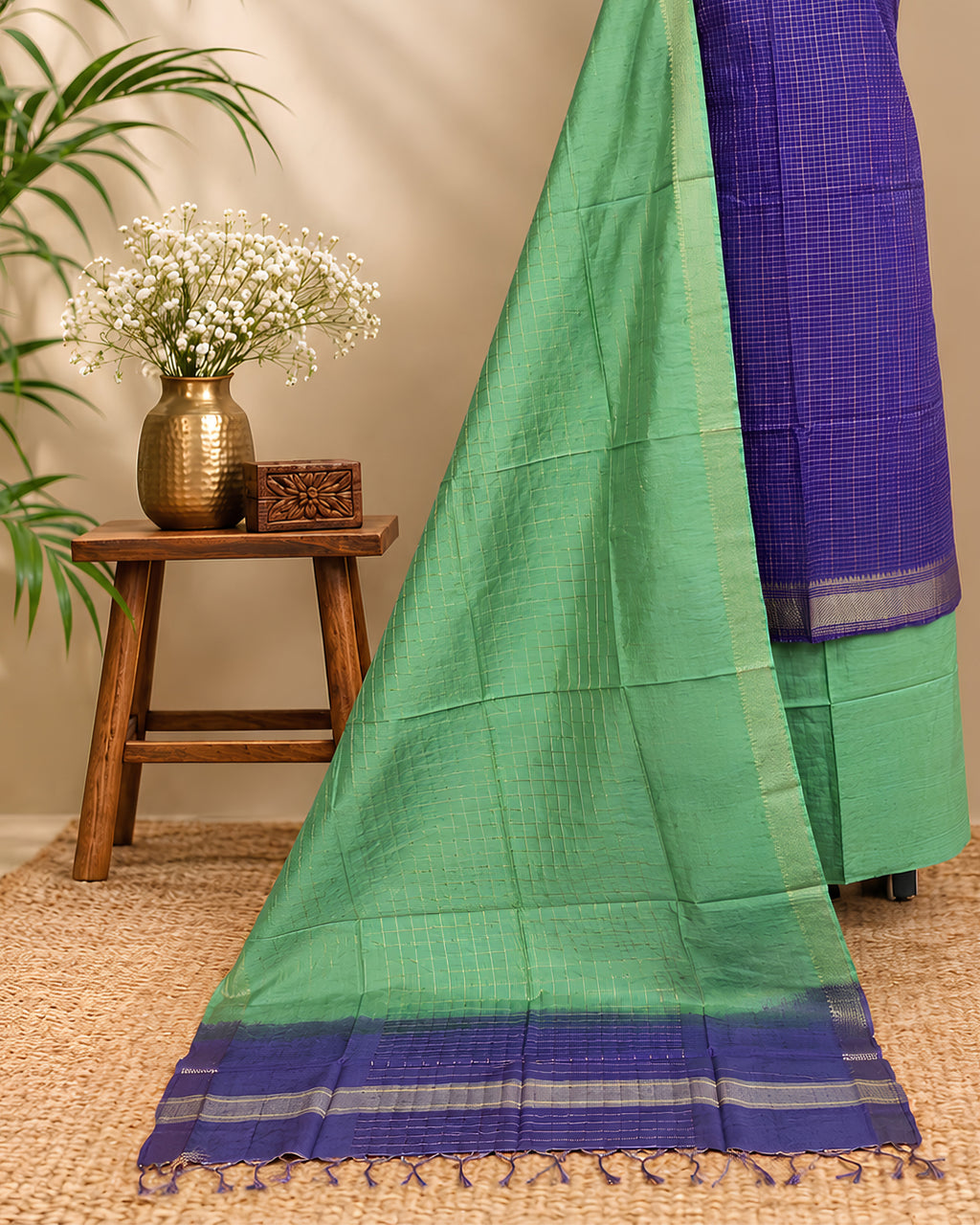 Semi Tussar Checks fabric in purple and green, featuring a checked pattern, produced by S Fabs, shown in the image.
