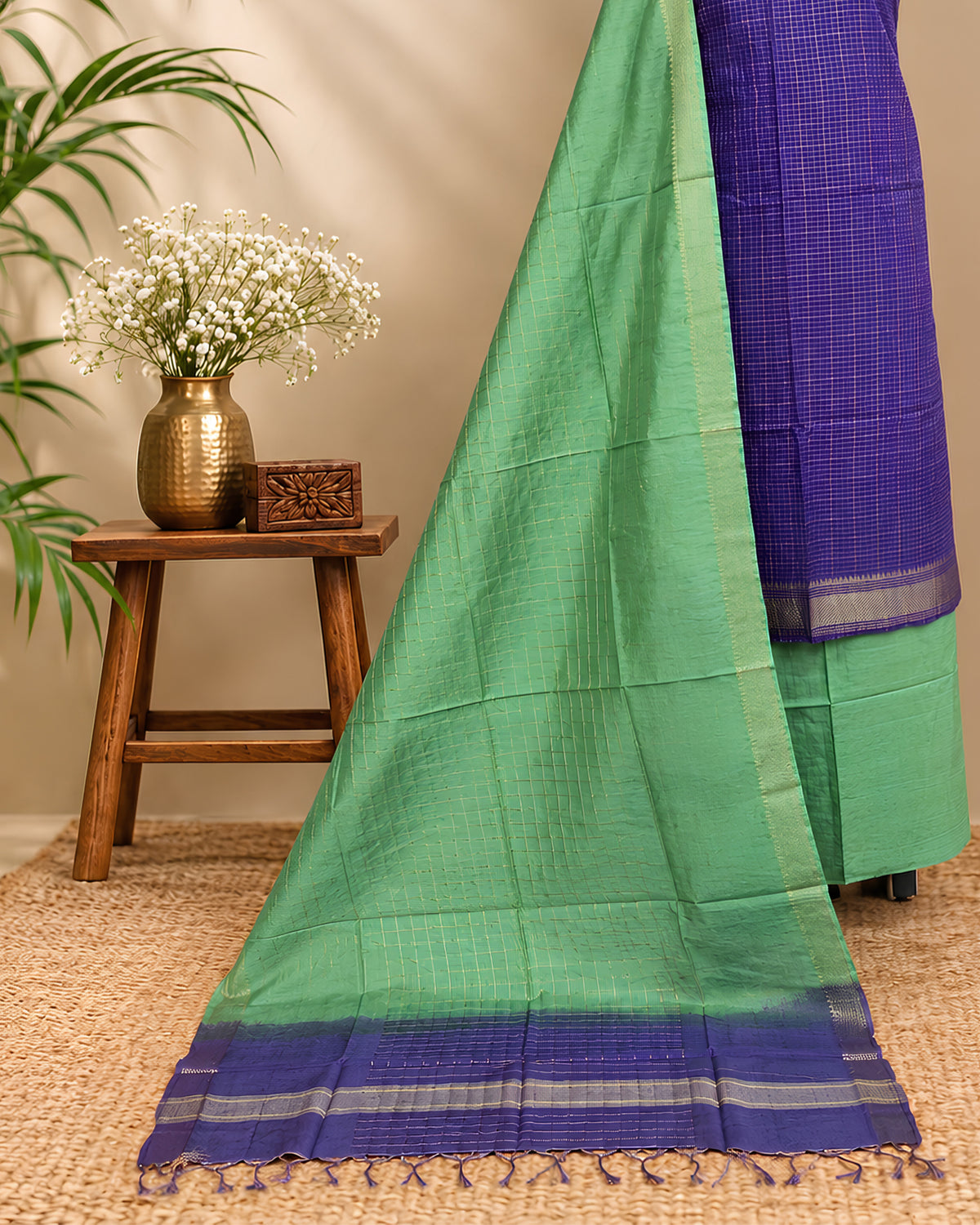 Semi Tussar Checks fabric in purple and green, featuring a checked pattern, produced by S Fabs, shown in the image.