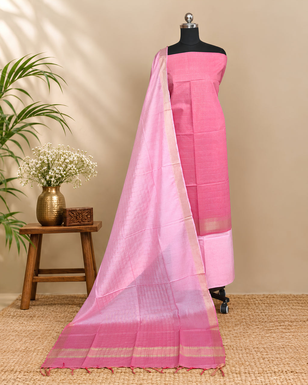 Pink Semi Tussar Checks fabric by S Fabs showing a soft pink material with subtle check patterns.