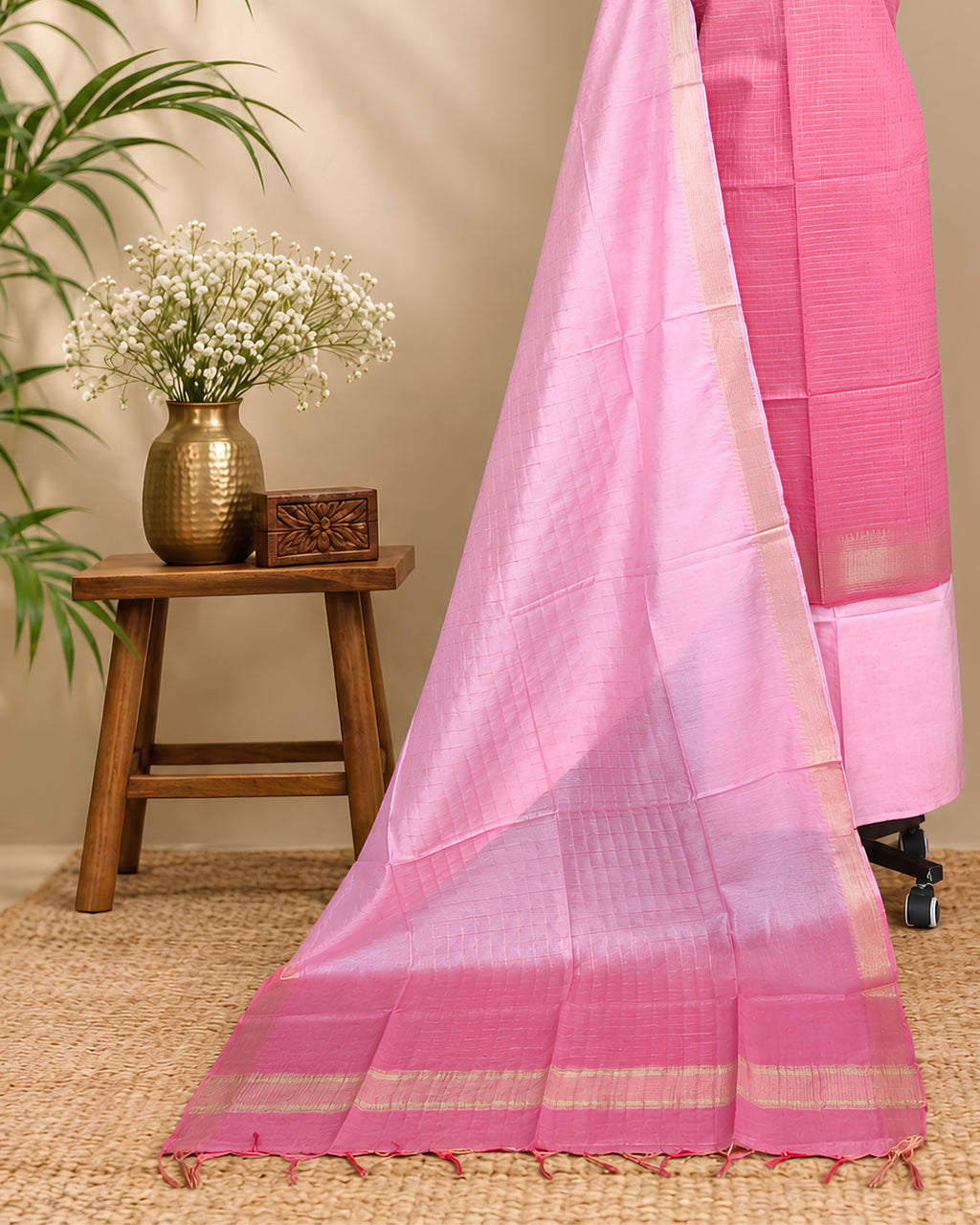 Pink Semi Tussar Checks fabric by S Fabs, showcasing a soft, woven textile with a checkered pattern in the material.